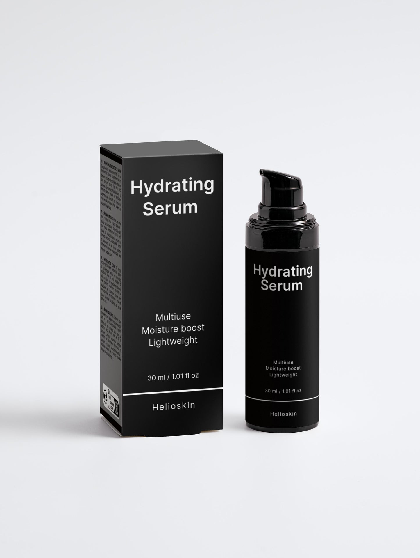 Black hydrating serum bottle and packaging on a white background