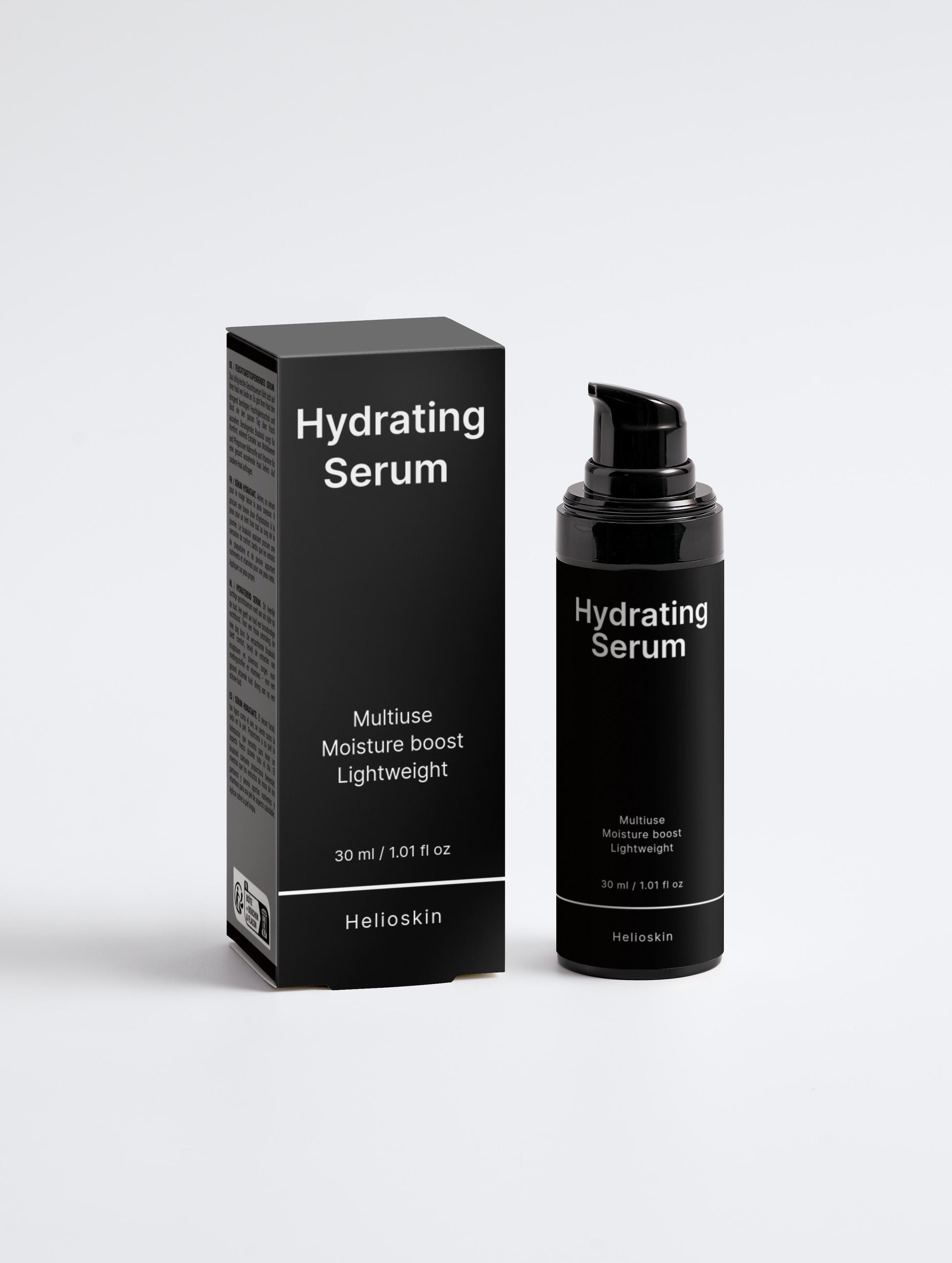 Black hydrating serum bottle and packaging on a white background