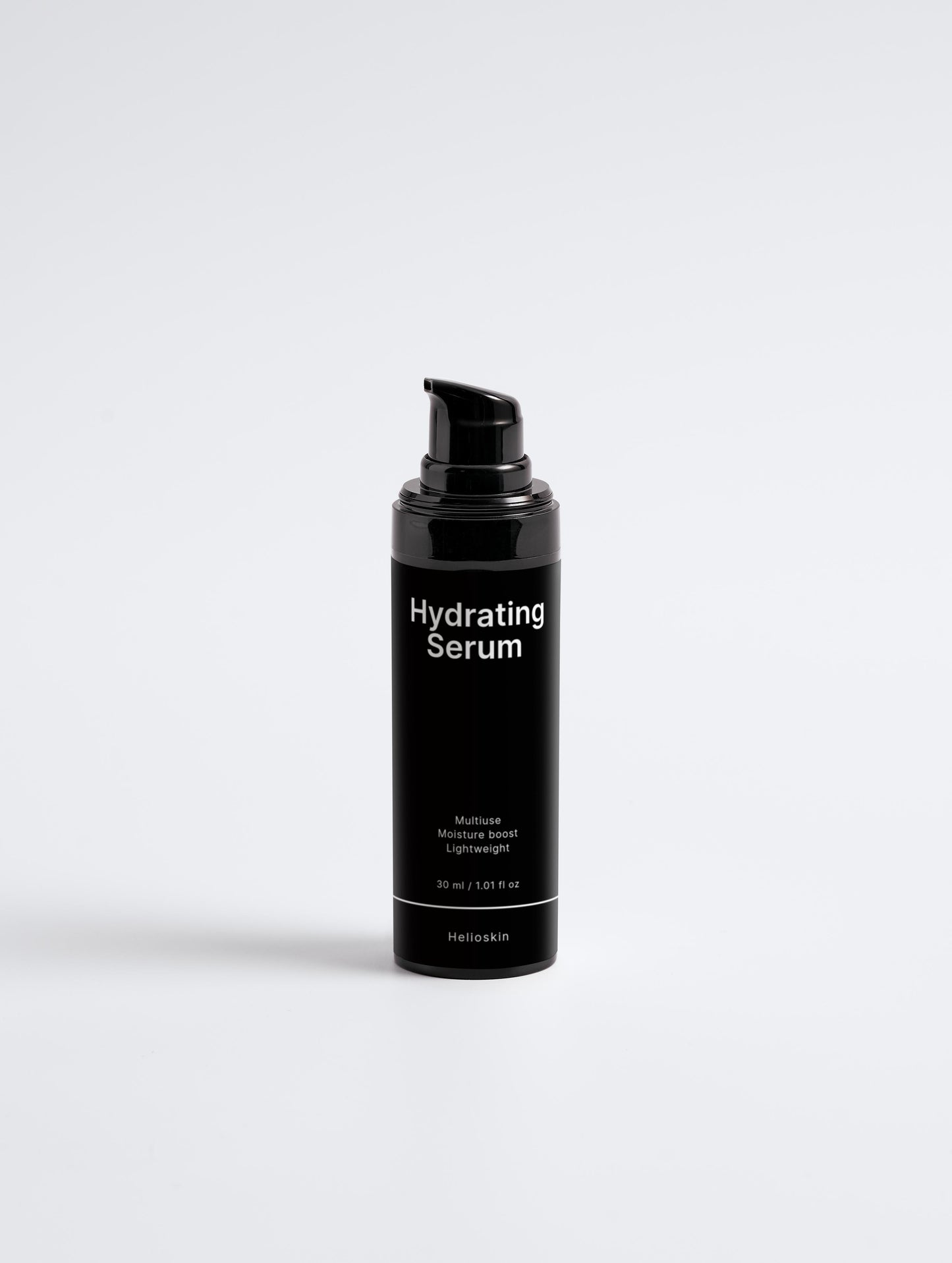 Black serum bottle labeled 'Hydrating Serum' on a white background