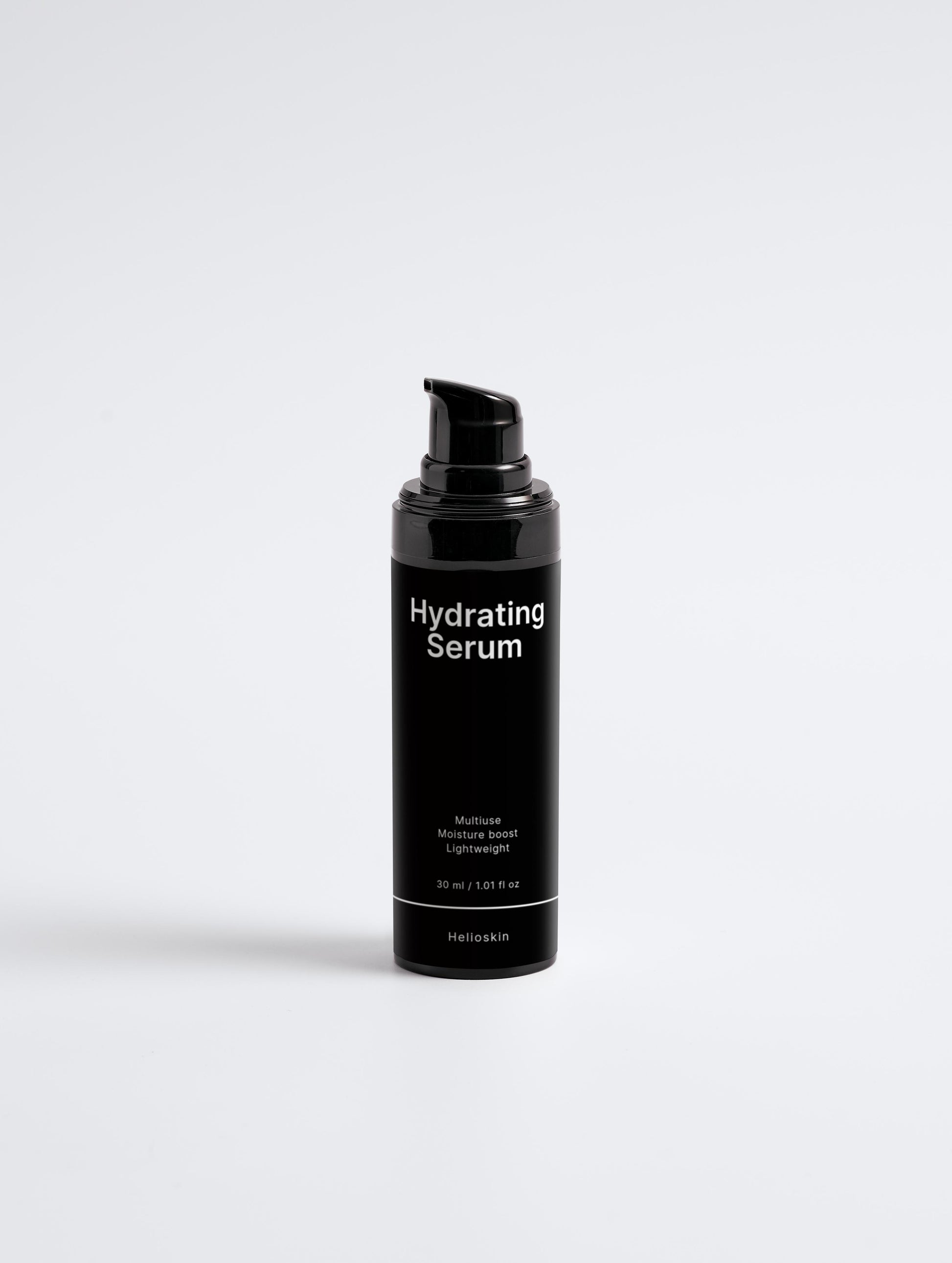 Black serum bottle labeled 'Hydrating Serum' on a white background