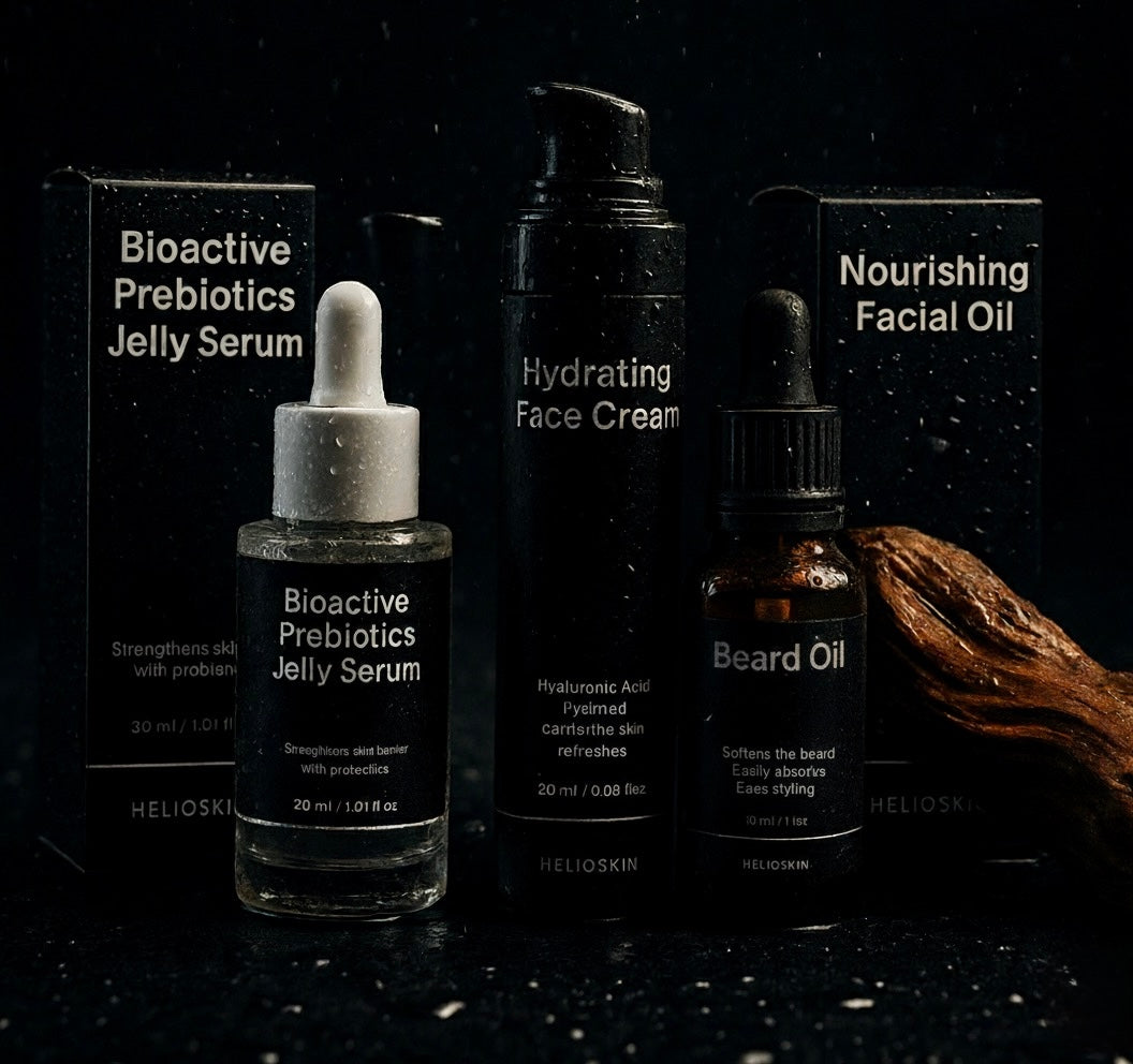 Set of skincare products including Jelly Serum, Face Cream, and Beard Oil on a dark background.