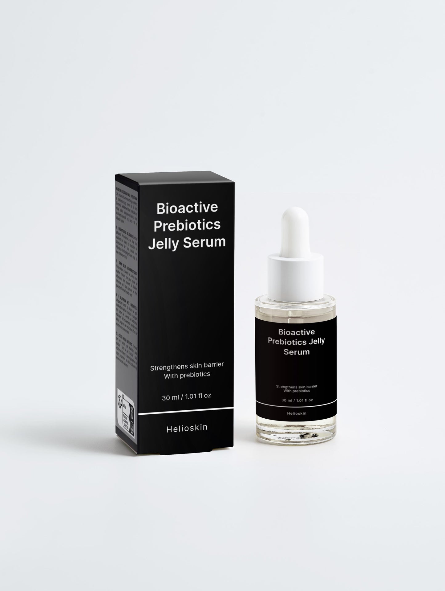 Bioactive Prebiotics Jelly Serum packaging with black box and bottle on a white background