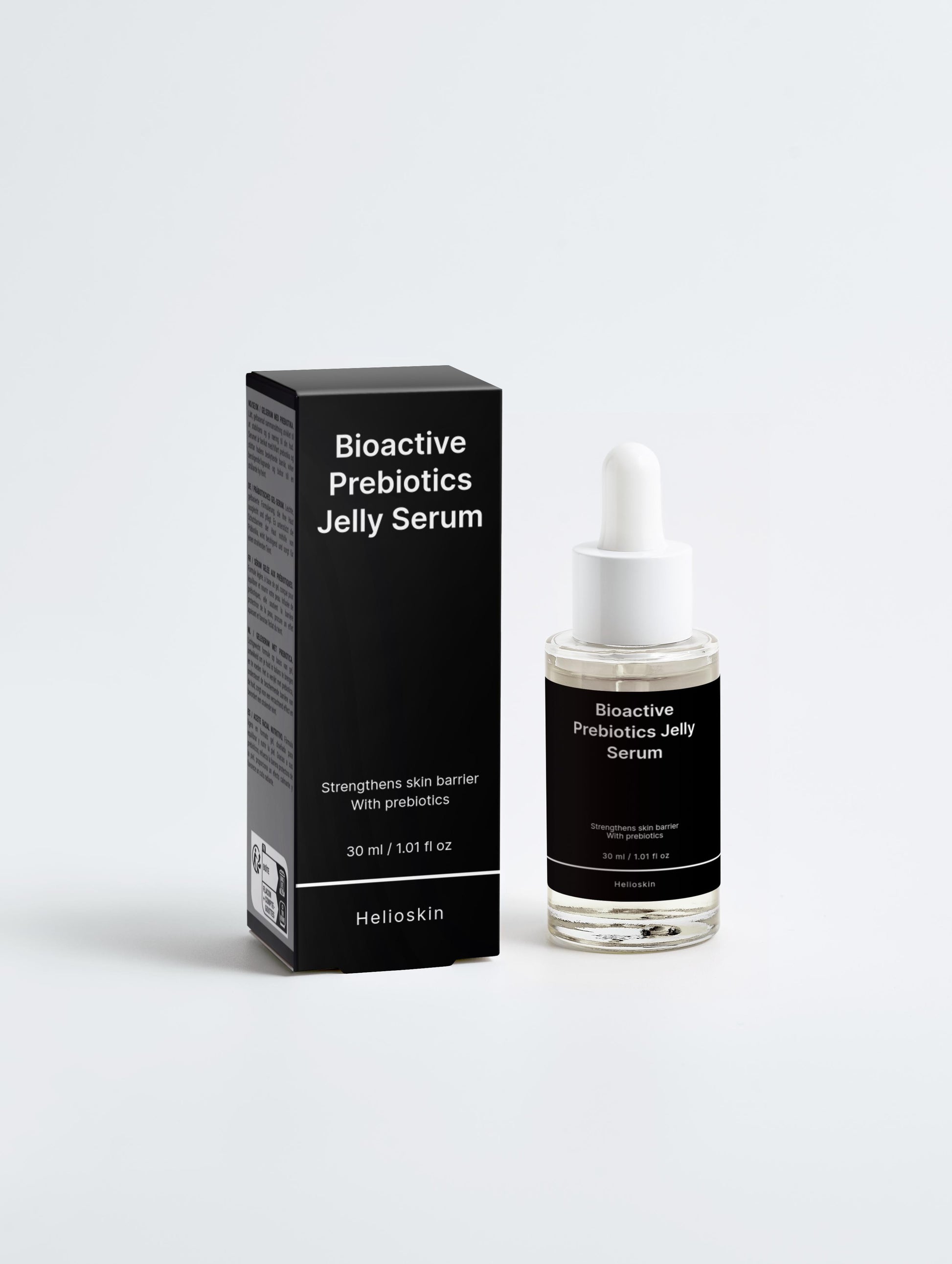 Bioactive Prebiotics Jelly Serum packaging with black box and bottle on a white background