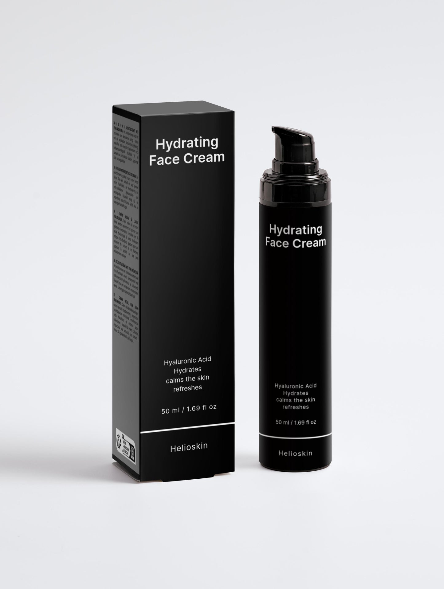Black hydrating face cream bottle and packaging on a white background
