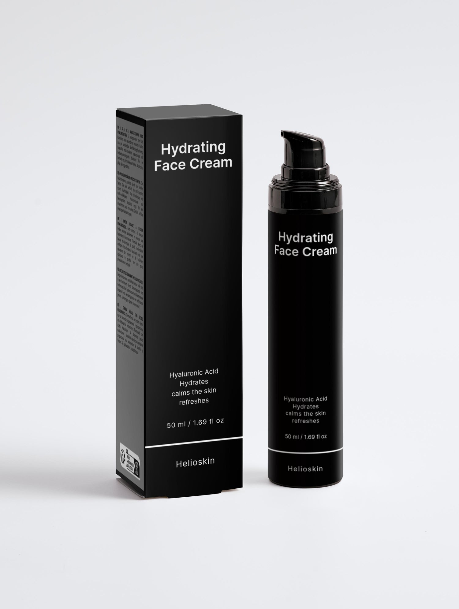 Black hydrating face cream bottle and packaging on a white background
