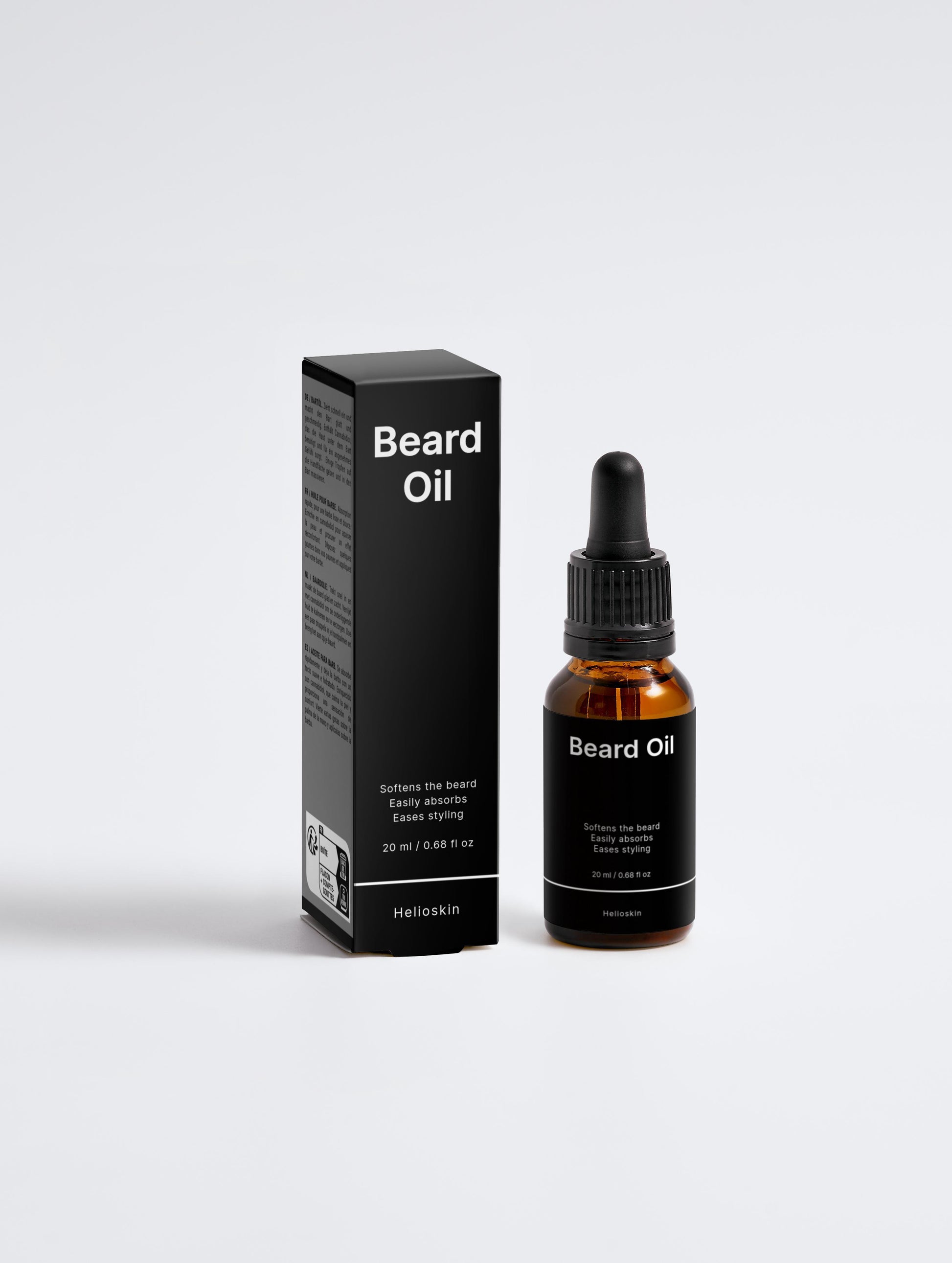 Beard oil bottle and packaging on a white background