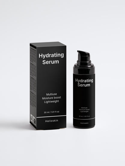 Black hydrating serum bottle and packaging on a white background
