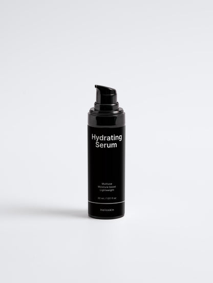 Black serum bottle labeled 'Hydrating Serum' on a white background