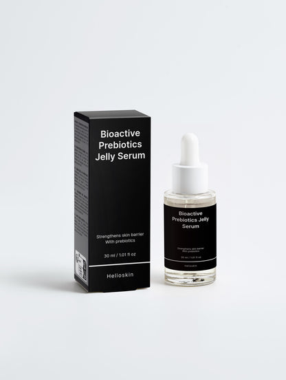Bioactive Prebiotics Jelly Serum packaging with black box and bottle on a white background
