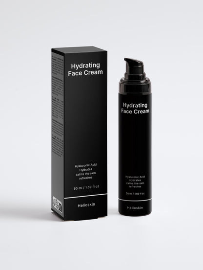Black hydrating face cream bottle and packaging on a white background