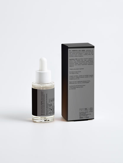 Skincare serum bottle with dropper and packaging on a light gray background