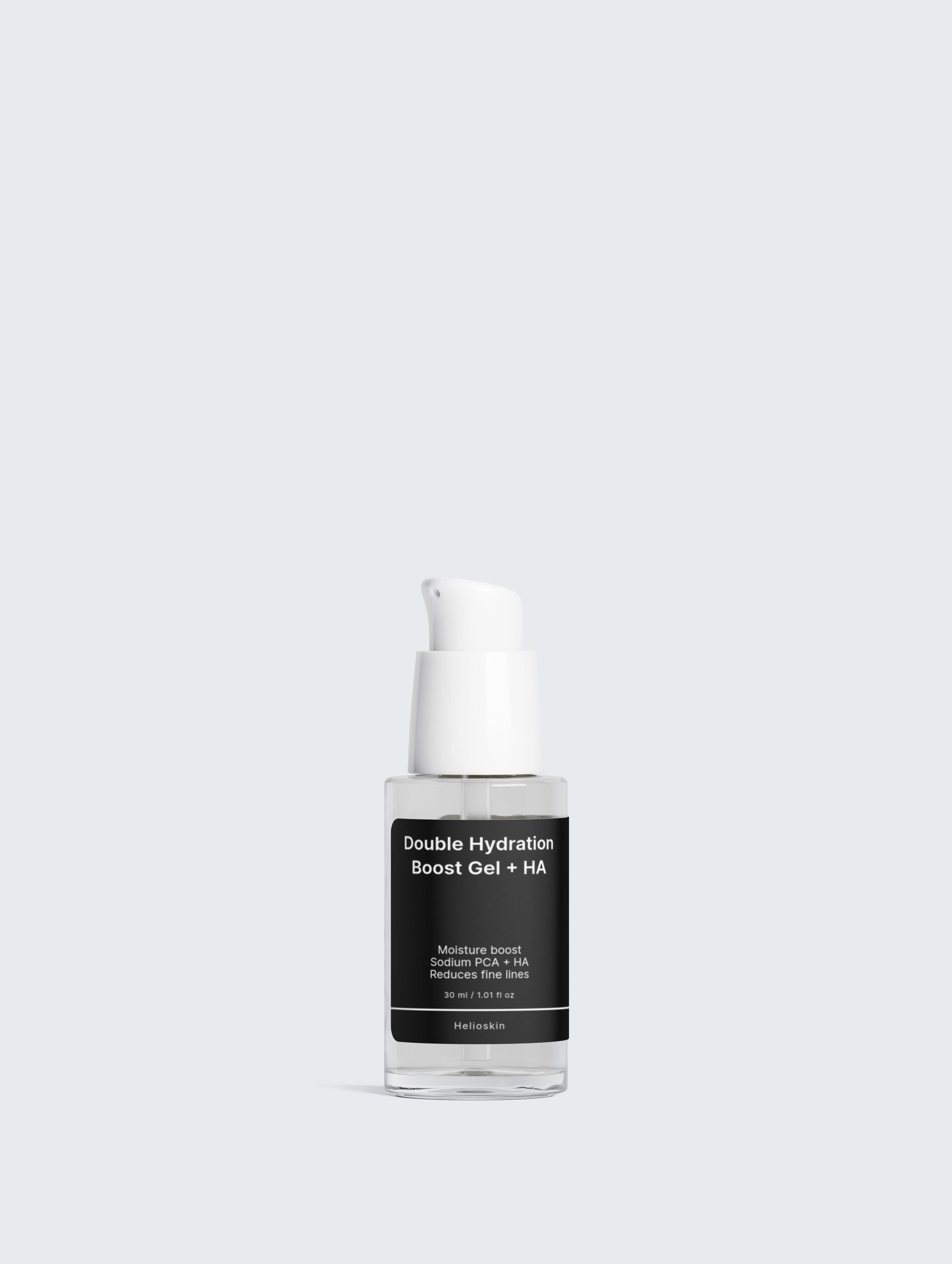 Skincare bottle labeled 'Gentle Hydration Boost Gel + HA' on a light gray background
