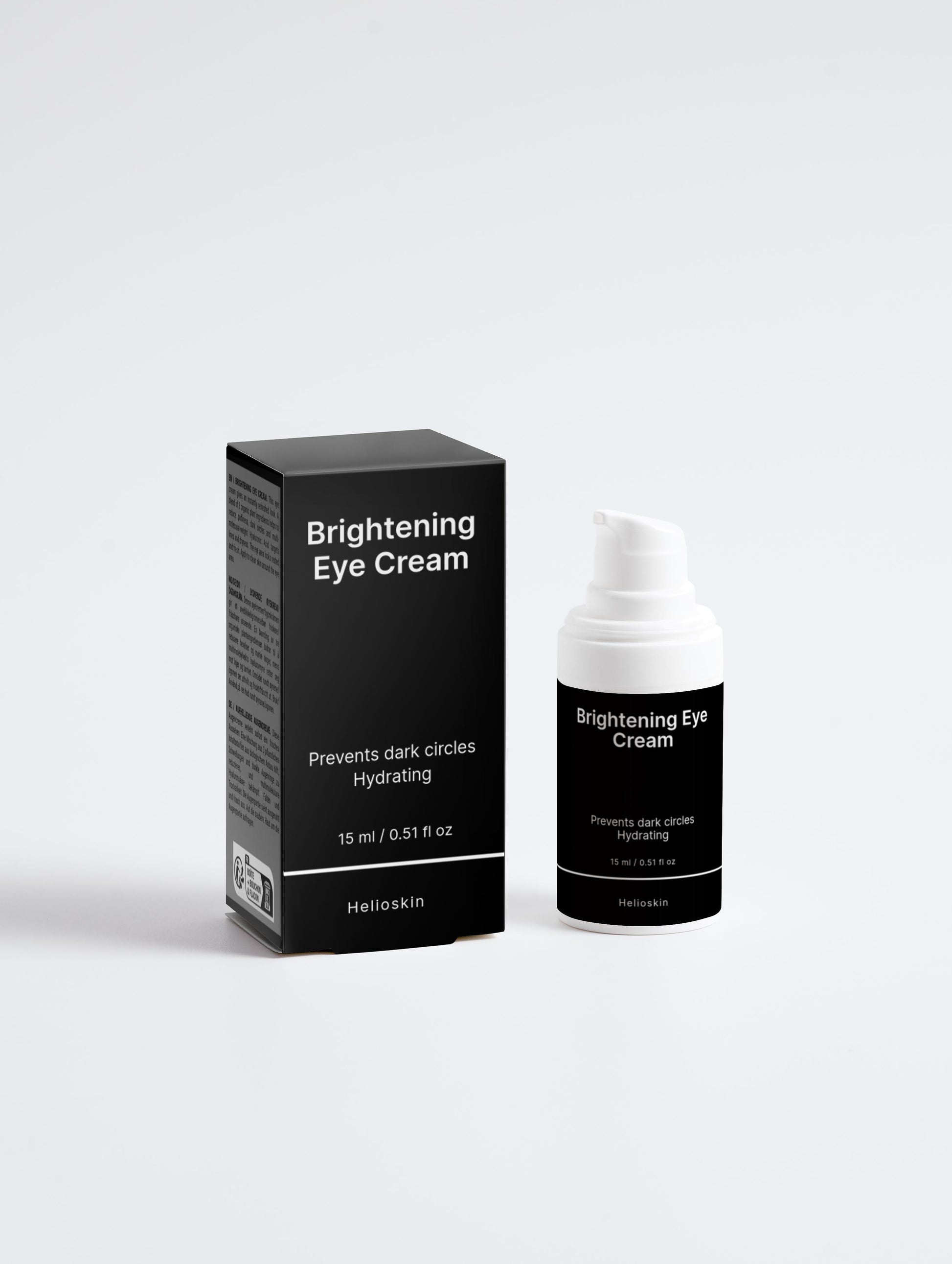 Brightening Eye Cream packaging with black box and white bottle on a light gray background